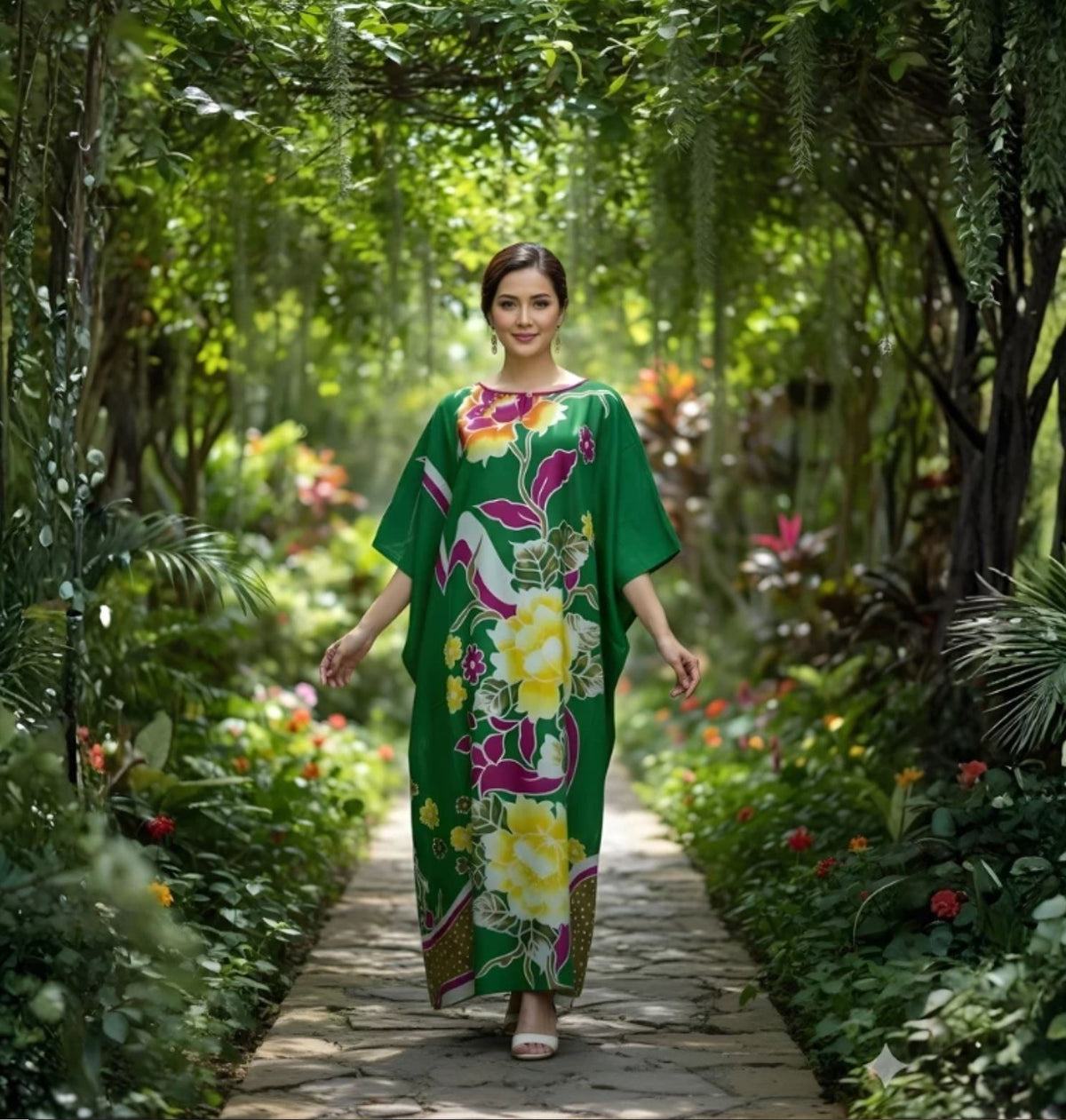 Women's 100% Cotton Terengganu Batik Kaftan – Breathable Long Loungewear & Sleepwear